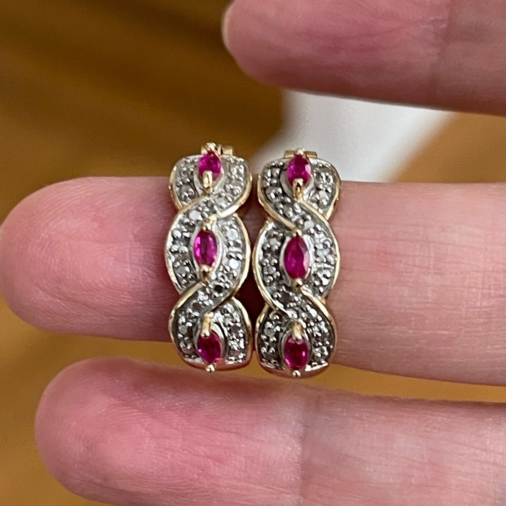 Natural diamond & lab grown ruby gold plated sterling silver earrings - Picture 10 of 12